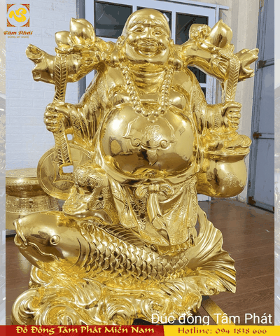 Tượng Phật Di Lặc Cưỡi Cá Chép Vác Cành Đào Bằng Đồng Dát Vàng 9999