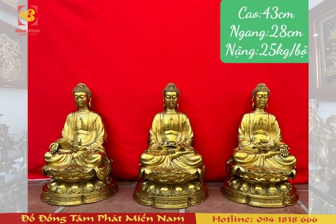 Bộ Tam Thế Phật cao 43cm, ngang 28cm, nặng 25kg bằng đồng nguyên chất