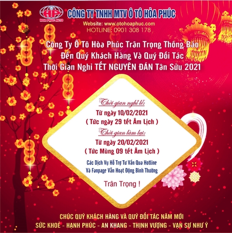 Công ty Ô Tô Hòa Phúc Thông báo lịch nghỉ Tết Nguyên Đán Tân Sửu 2021