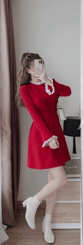 Đầm xòe cổ viền ren đỏ C1756