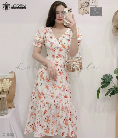Đầm xòe nút gỗ hoa nhí cam C1693