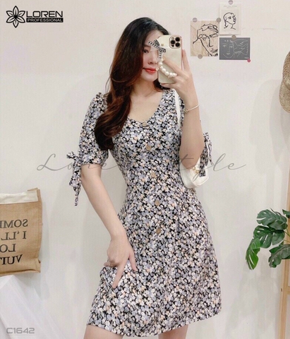 Đầm nút gỗ tay nơ tím C1642