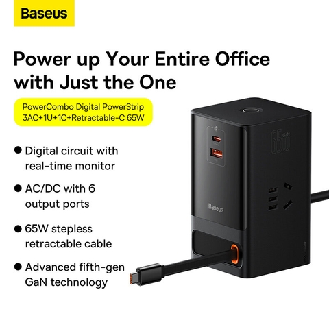 Bộ sạc nhanh tích hợp dây nguồn nối dài Baseus PowerCombo Digital PowerStrip 3AC+1U+1C+Retractable-C 65W