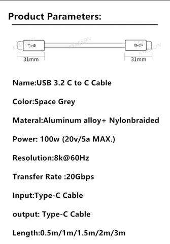 Cáp sạc, truyền dữ liệu tốc độ cao C to C USB3.2 Gen 2 PD 100W 20Gbps