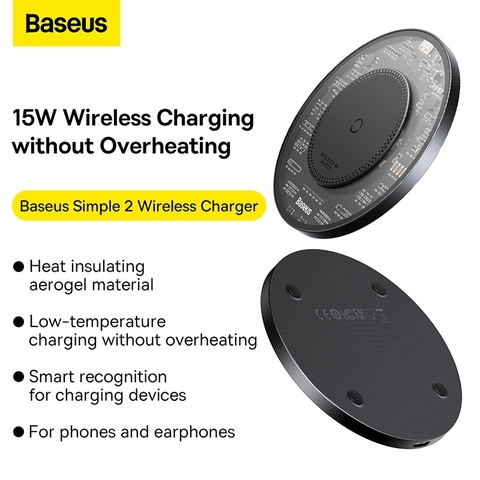 Đế Sạc Không Dây Baseus Simple 2 Wireless Charger 15W (Kèm cáp C to C 24W 1m)