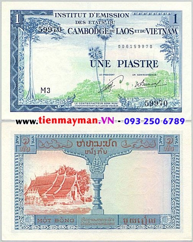 1 Piastre chùa 3 nóc Lào 1954 P-100