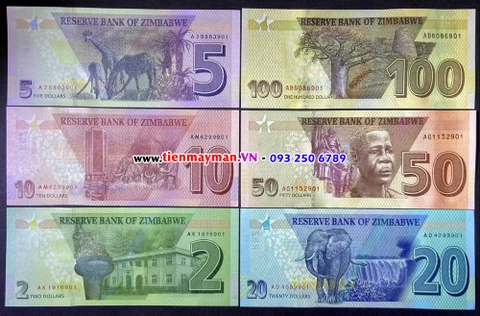 Bộ 6 Tờ Tiền Zimbabwe 2 5 10 20 50 100 Dollar 2019 - 2021 UNC