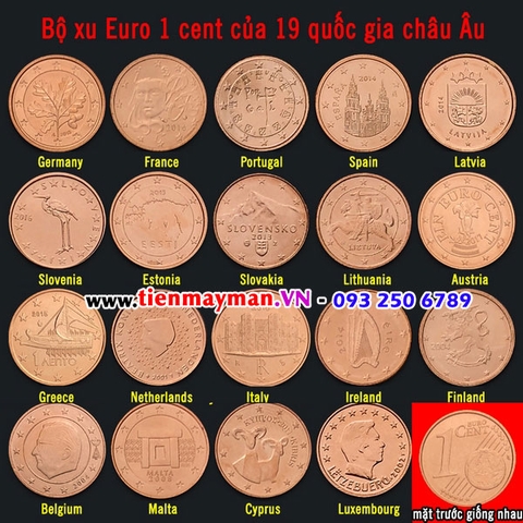 Bộ tiền xu Euro 1 cent của 19 nước châu Âu (19 xu)