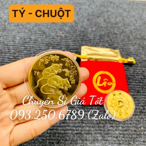 Đồng Tiền Xu Con CHUỘT (TÝ) Mạ Vàng Kèm Túi gấm đỏ LỘC