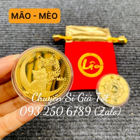Đồng Tiền Xu Con MÈO (MÃO) Mạ Vàng Kèm Túi gấm đỏ LỘC
