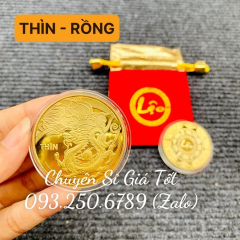 Đồng Tiền Xu Con RỒNG (THÌN) Mạ Vàng Kèm Túi gấm đỏ LỘC