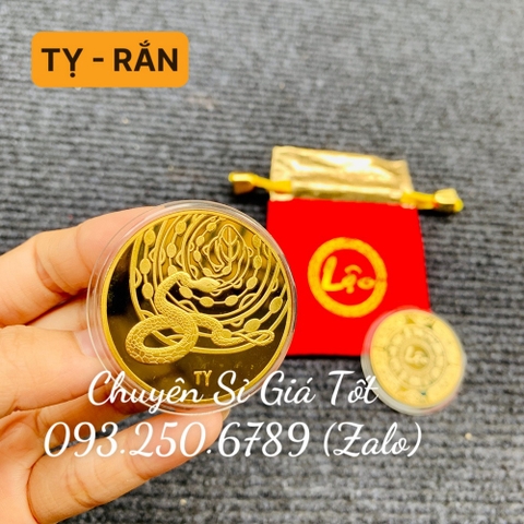 Đồng Tiền Xu Con RẮN (TỴ) Mạ Vàng Kèm Túi gấm đỏ LỘC