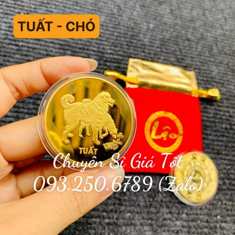 Đồng Tiền Xu Con CHÓ (TUẤT) Mạ Vàng Kèm Túi gấm đỏ LỘC