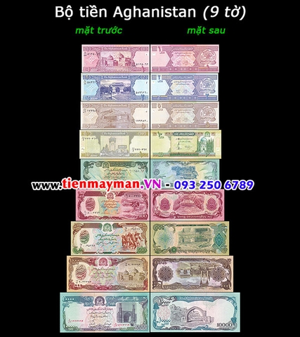 Bộ tiền Afghanistan 9 tờ 1 2 5 10 50 100 500 1000 10000 Afghanis