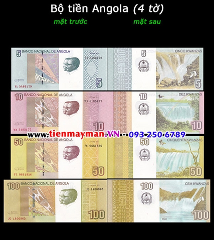 Bộ tiền Angola 4 tờ 5 10 50 100 Kwanzas 2017