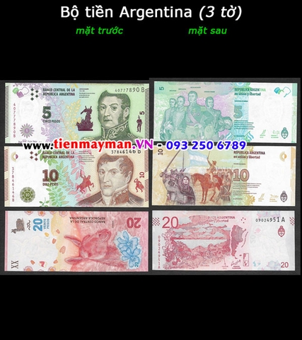 Bộ tiền Argentina 3 tờ 5 10 20 Pesos