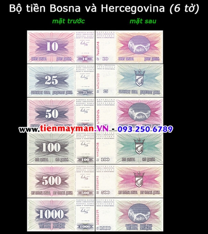 Bộ tiền Bosnia Herzegovina 6 tờ 10 25 50 100 500 1000 Dinara