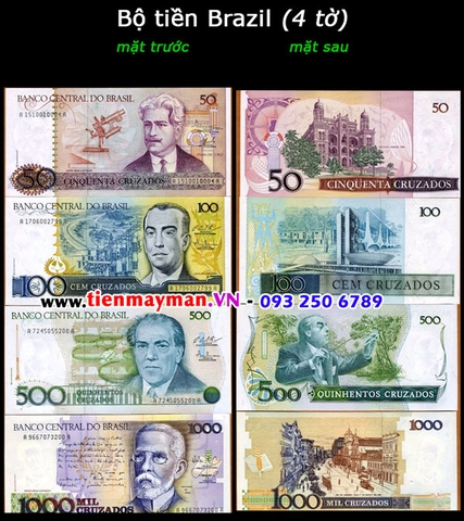 Bộ tiền Brazil 4 tờ 50 100 500 1000 Cruzeiros