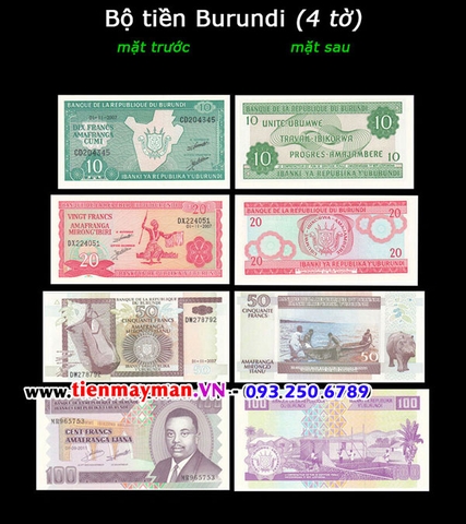 Bộ tiền Burundi 4 tờ 10 20 50 100 Francs