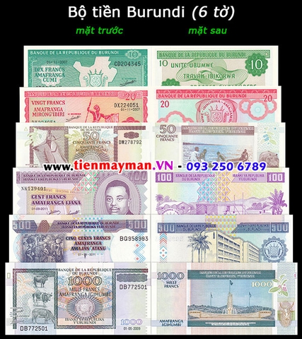 Bộ tiền Burundi 6 tờ 10 20 50 100 500 1000 Francs