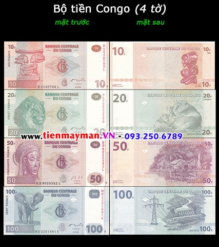 Bộ tiền Congo 4 tờ 10 20 50 100 Francs