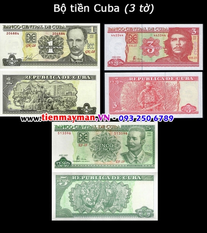 Bộ tiền Cuba 3 tờ 1 3 5 Pesos