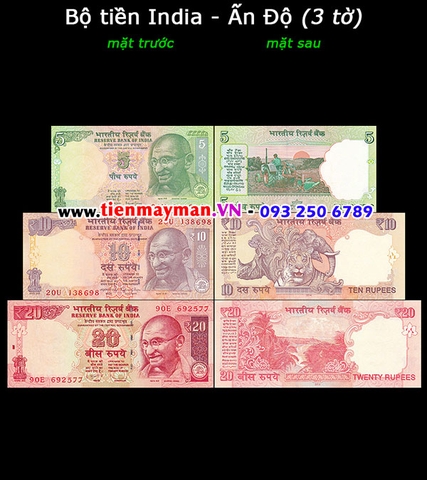 Bộ tiền Ấn Độ - India 3 tờ 5 10 20 Rupees