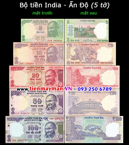 Bộ tiền India - Ấn Độ 5 tờ 5 10 20 50 100 Rupees