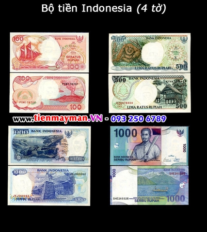 Bộ tiền Indonesia 4 tờ 100 500 1000 1000 Rupiah
