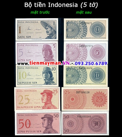 Bộ tiền Indonesia 5 tờ 1 5 10 25 50 Sen 1964