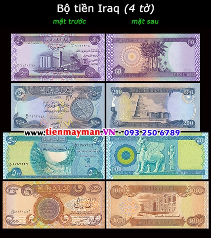 Bộ tiền Iraq 4 tờ 50 250 500 1000 Dinars