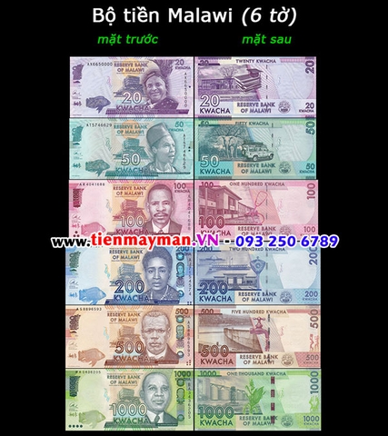 Bộ tiền Malawi 6 tờ 20 50 100 200 500 1000 Kwacha 2014 2018