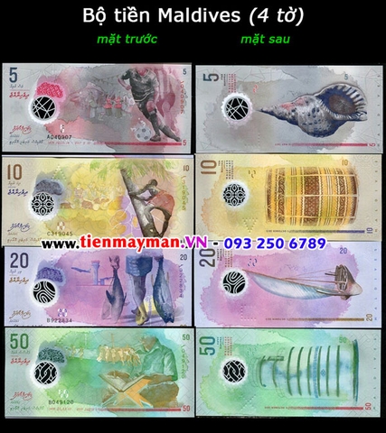 Bộ tiền Maldives 4 tờ 5 10 20 50 Rufiyaa 2015 polymer