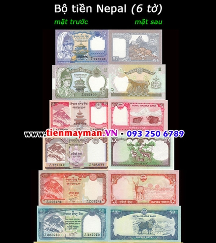 Bộ tiền Nepal 6 tờ 1 2 5 10 20 50 Rupees