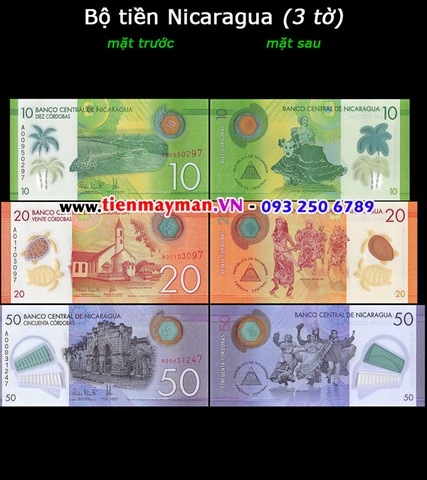 Bộ tiền Nicaragua 3 tờ 10 20 50 Cordobas 2014 polymer