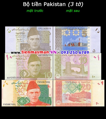 Bộ tiền Pakistan 3 tờ 5 10 20 Rupees