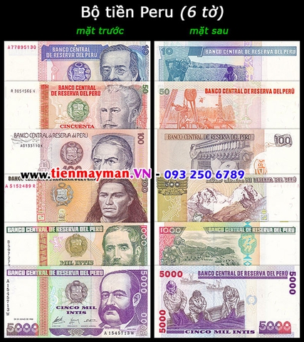 Bộ tiền Peru 6 tờ 10 50 100 500 1000 5000 Intis 1988