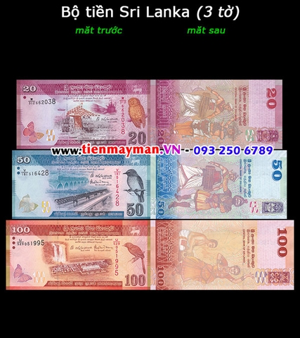 Bộ tiền Sri Lanka 3 tờ 20 50 100 Rupees 2010