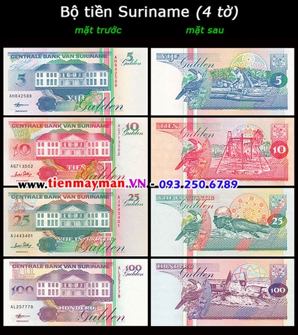 Bộ tiền Suriname 4 tờ 5 10 25 100 Gulden 1998