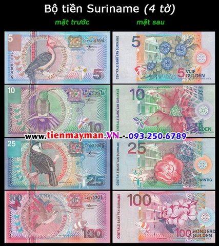 Bộ tiền Suriname 4 tờ 5 10 25 100 Gulden 2000