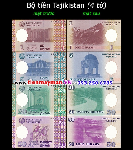 Bộ tiền Tajikistan 4 tờ 1 5 20 50 Diram 1999