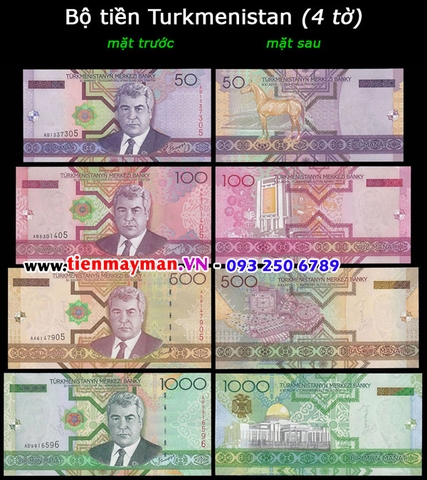 Bộ tiền Turkmenistan 4 tờ 50 100 500 1000 Manat 2005