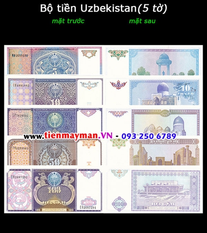 Bộ tiền Uzbekistan 5 tờ 5 10 25 50 100 Sum