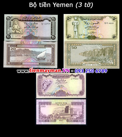 Bộ tiền Yemen 3 tờ 20 50 100 Rials