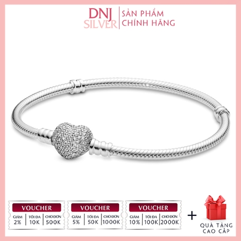 Vòng tay charm bạc 925 cao cấp - Vòng charm Moments Sparkling Heart Pavé Clasp Snake Chain - Vòng tay dành cho nam và nữ - Vòng mềm