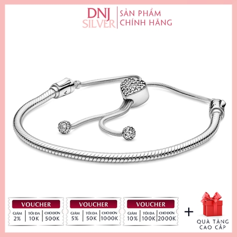 Vòng tay charm bạc 925 cao cấp - Vòng charm Moments Pavé Heart Clasp Snake Chain Slider - Vòng tay dành cho nam và nữ - Vòng mềm