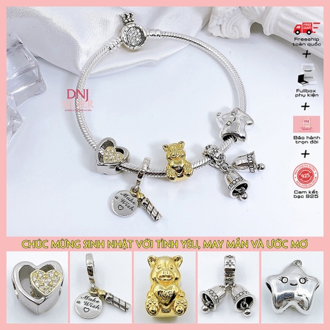 Vòng tay charm bạc 925 cao cấp - Bộ Vòng charm Chúc mừng sinh nhật với tình yêu, may mắn - Vòng tay dành cho nam và nữ