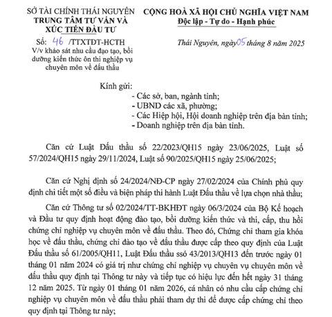 V/V KHẢO SÁT NHU CẦU ĐÀO TẠO, BỒI DƯỠNG KIẾN THỨC ÔN THI NGHIỆP VỤ CHUYÊN MÔN VỀ ĐẤU THẦU