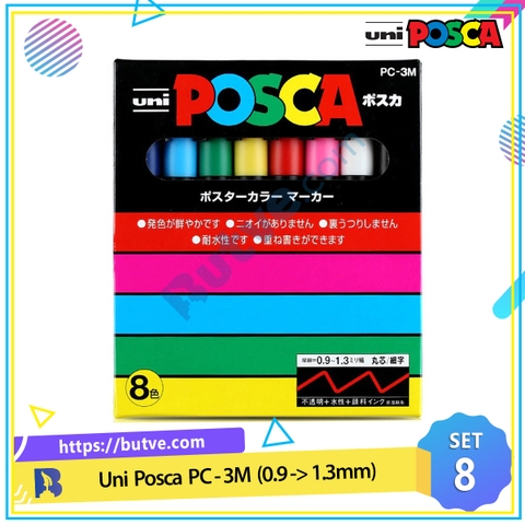 Bộ 8 cây bút sơn nước vẽ đa chất liệu Uni Posca PC-3M ngòi 0.9 - 1.3mm (Nguyên bộ)