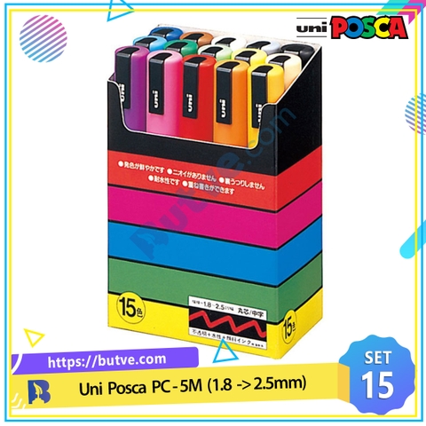 Bộ 15 cây bút sơn nước vẽ đa chất liệu Uni Posca PC-5M ngòi 1.8 - 2.5mm (Nguyên bộ)